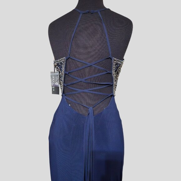 Faviana Navy Halter Lace-Up Jersey Dress New with Tags Size 6